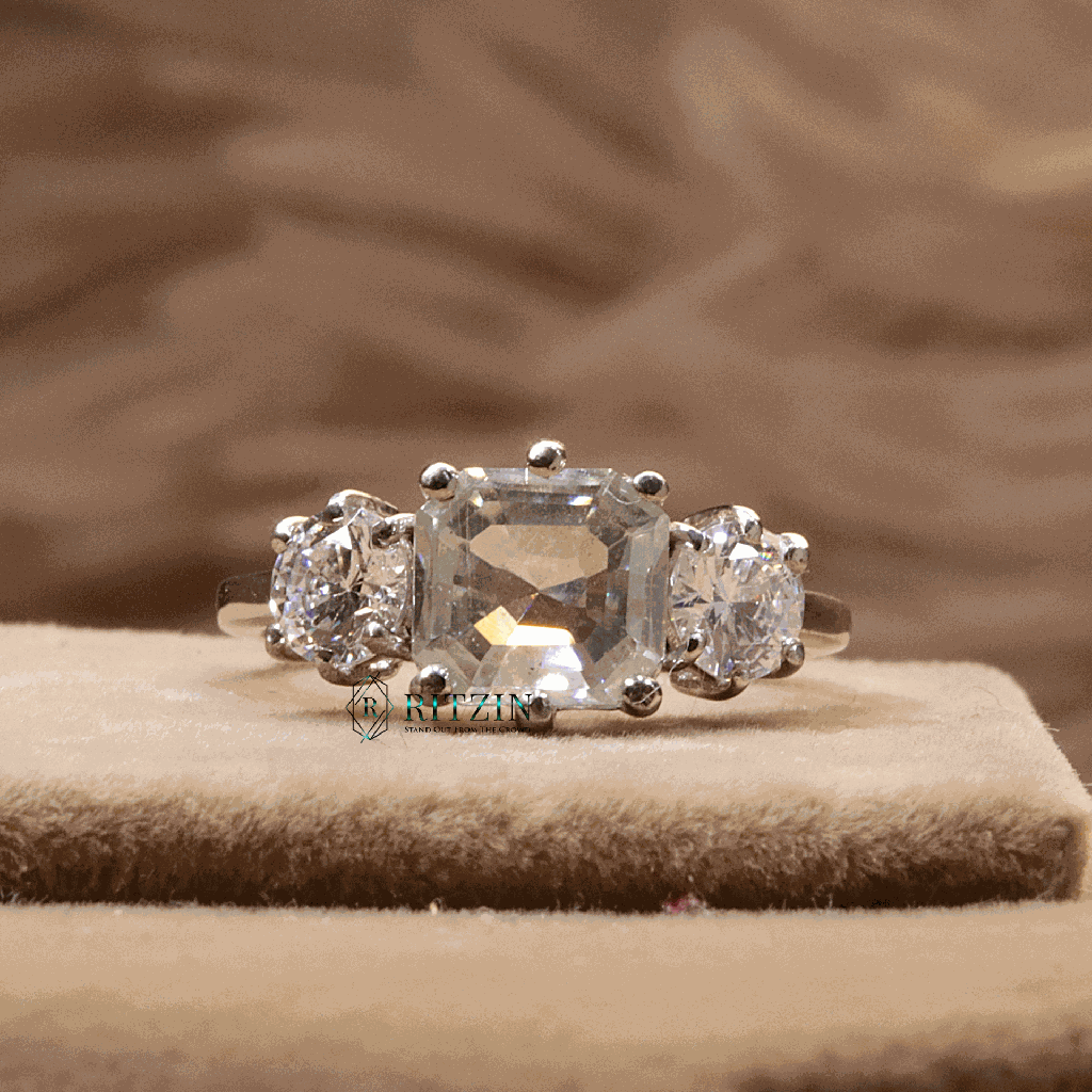 Asscher And Round Cut 3 Stone Style Engagement Ring For Women