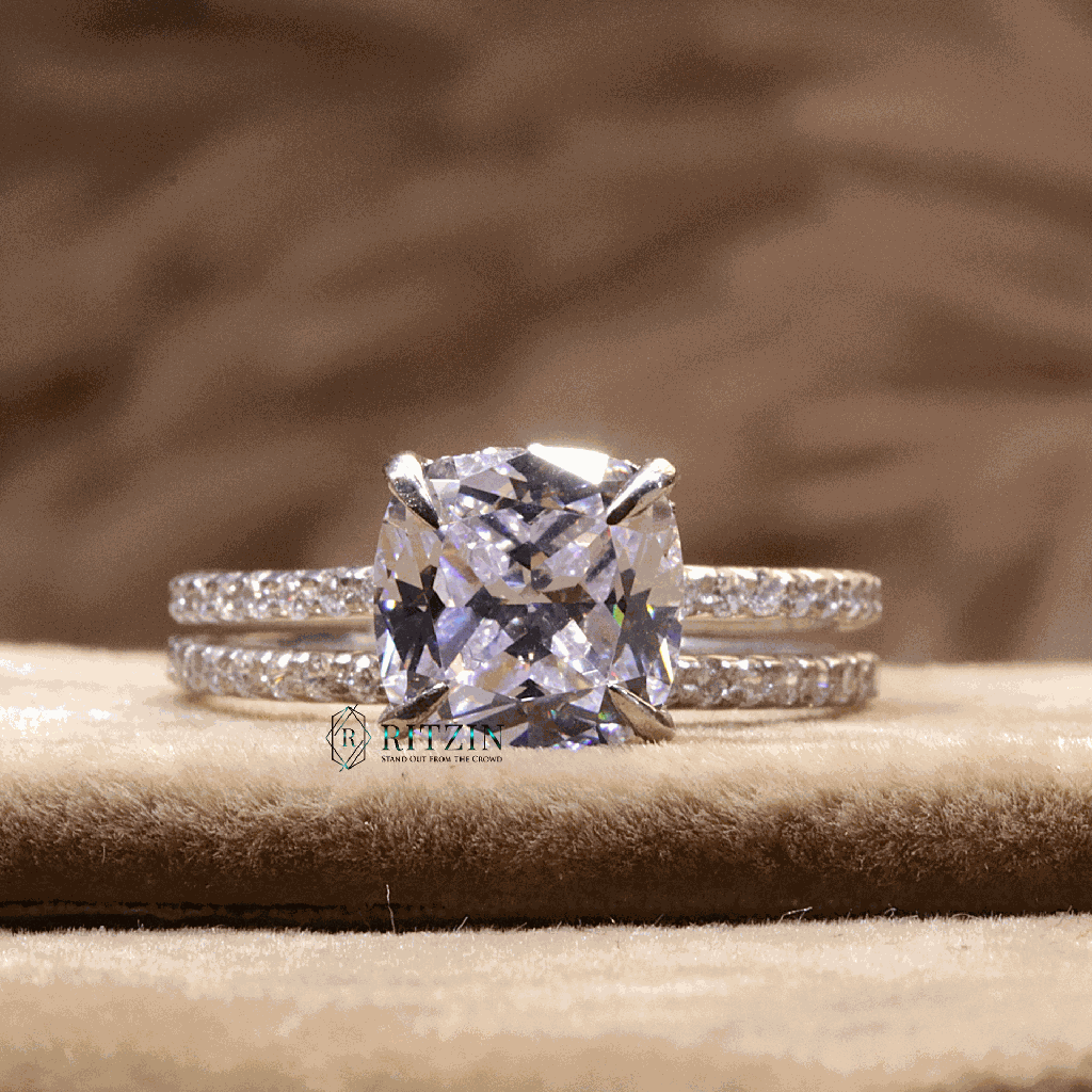 Cushion And Round Cut Hidden Halo With Accent Bridal Set Engagement Ring For Women