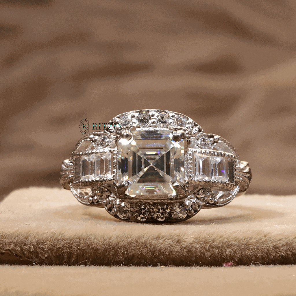 Asscher And Baguette Cut Diamond Unique Style Engagement Ring For Women 