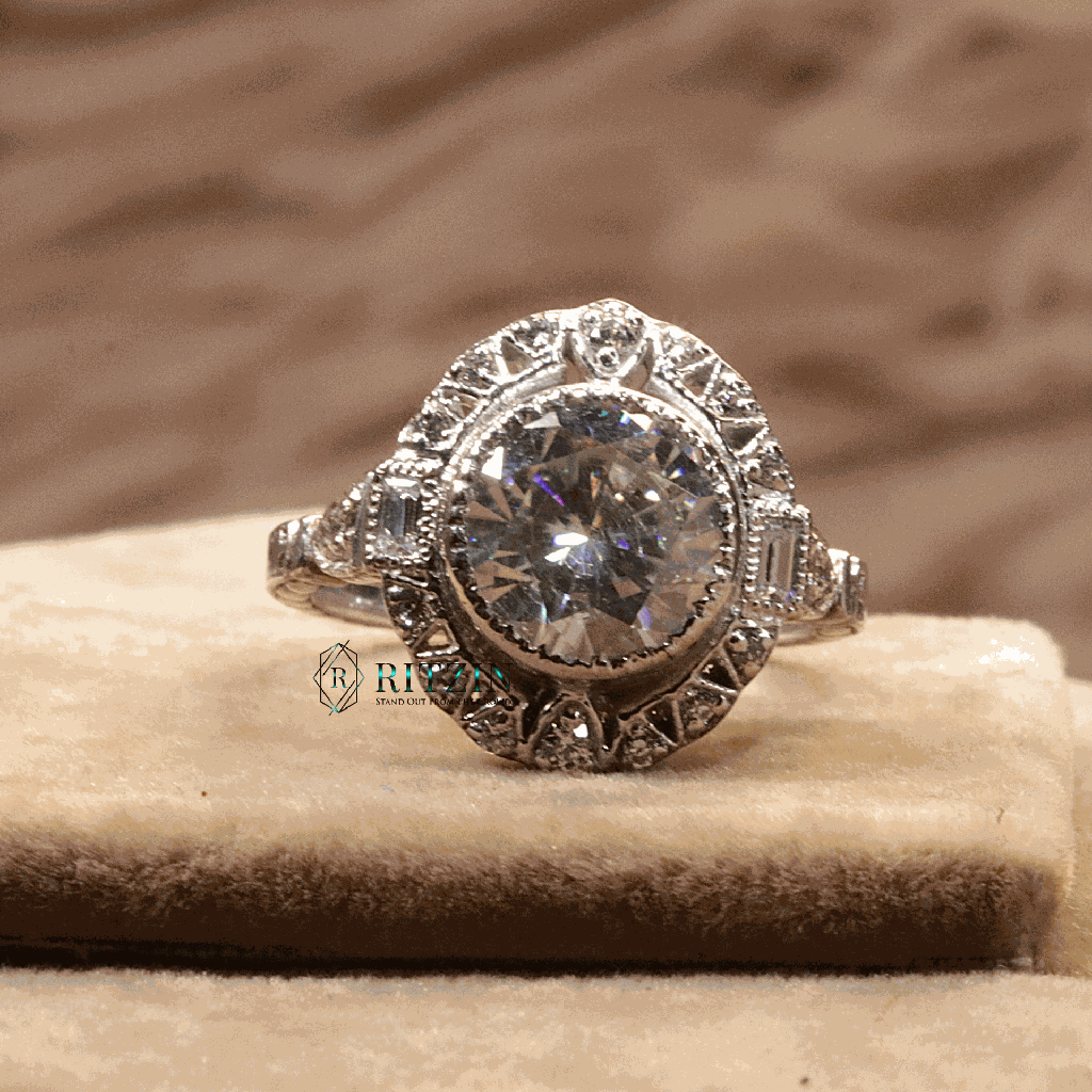 Round And Baguette Cut Diamond Art Deco Style Engagement Ring For Women 