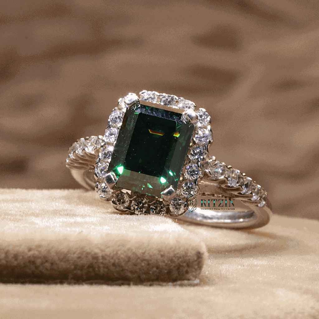 Green Emerald And Round Cut Diamond Hidden Halo Style Engagement Ring For Women