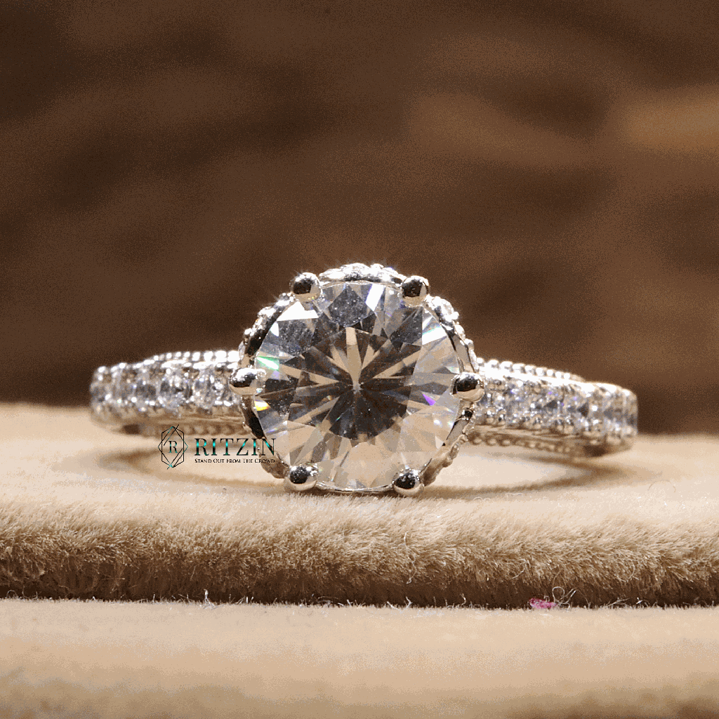 Round Cut Diamond Hidden Halo With Accent Engagement Ring For Women 