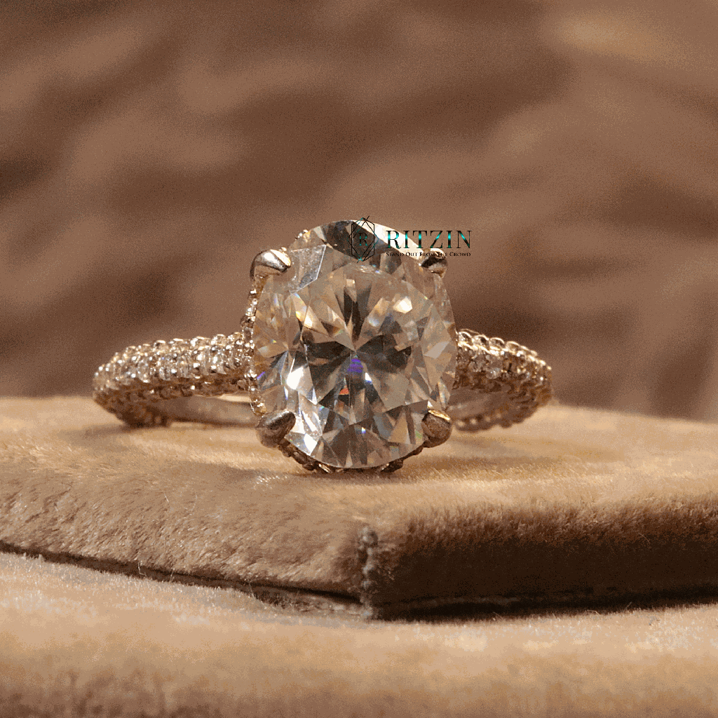 Oval And Round Cut Diamond Hidden Halo With Accent Engagement Ring For Women