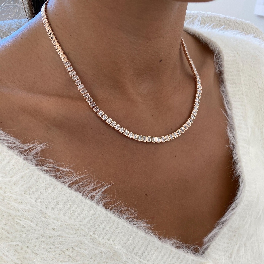 6.00 x 4.00MM Emerald Cut Diamond Bezel Setting Tennis Chain For Women