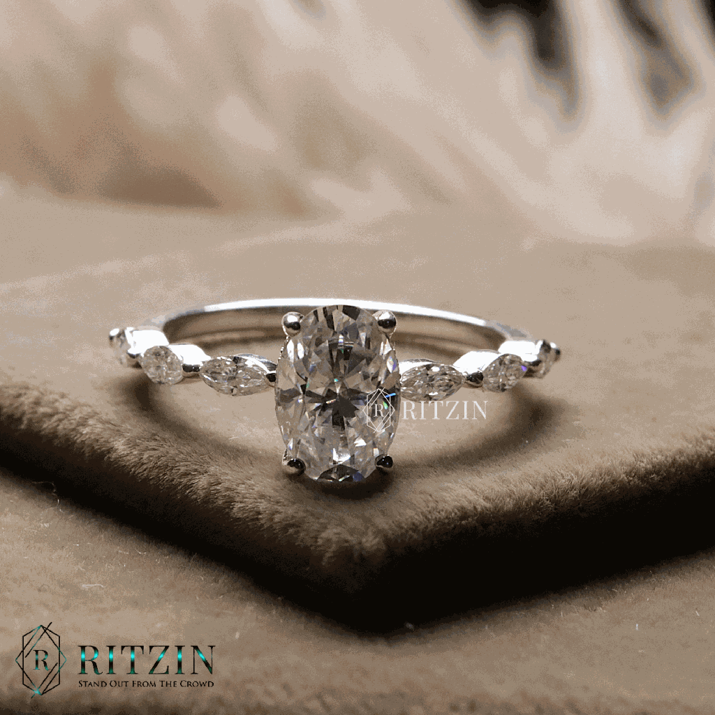 Oval And Marquise Cut Diamond Hidden Halo Style Engagement Ring For Women 