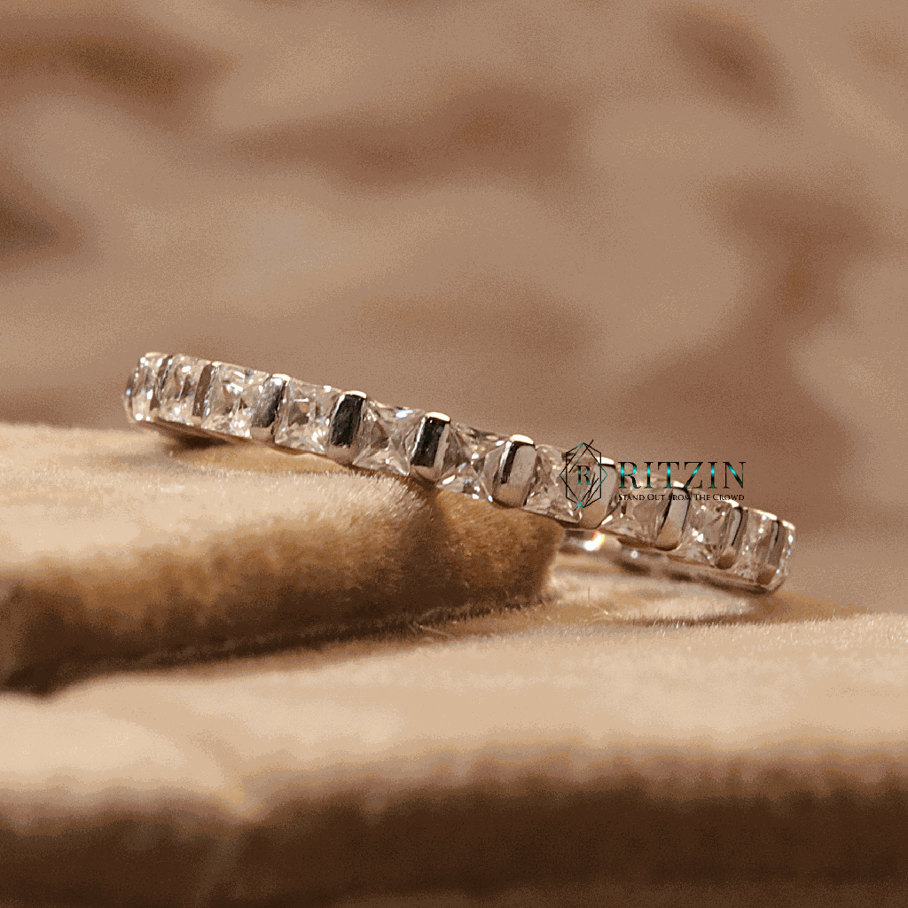 Princess Cut Diamond Bar Setting Full Eternity Wedding Band For Women