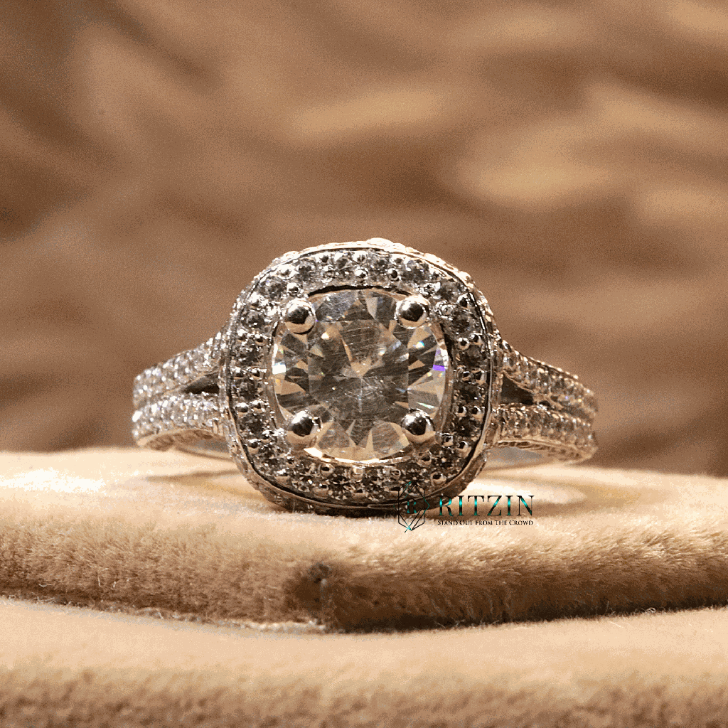 Round Cut Diamond Hidden Halo With Solitaire Accents Engagement Ring For Women