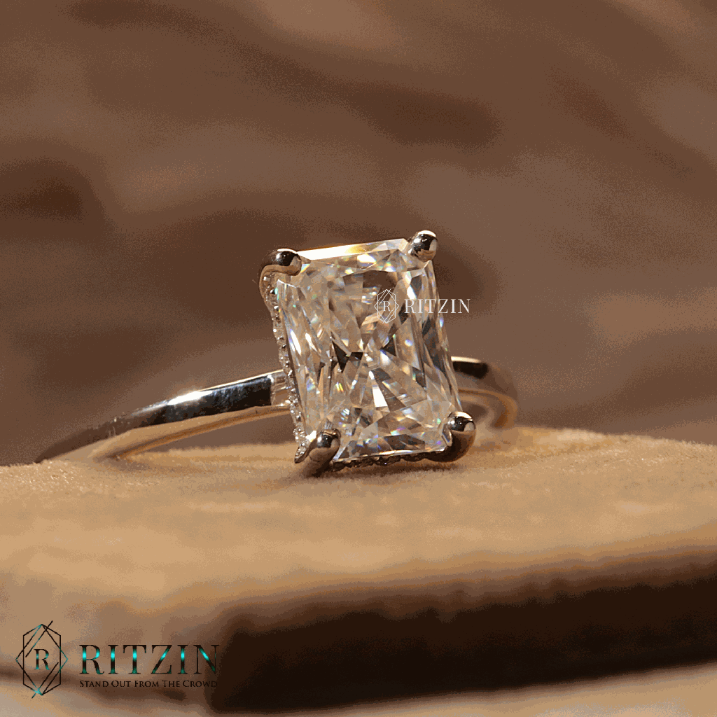 Radiant Cut Diamond Hidden Halo Style Engagement Ring For Women
