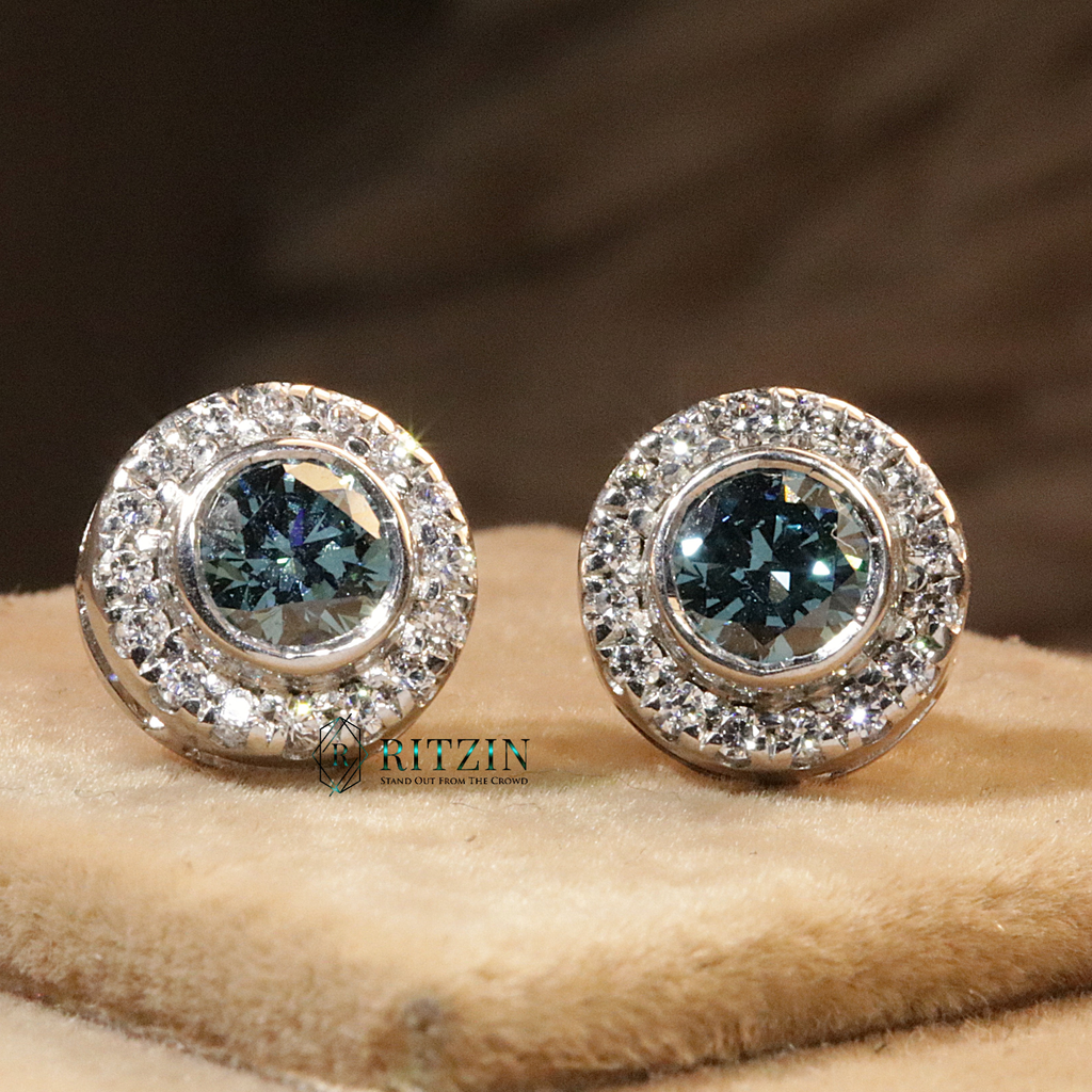 Blue Round Cut Diamond Halo Style Stud Earrings For Women  