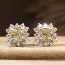 Yellow Princess And Round Cut Diamond Halo Style Stud Earring For Women