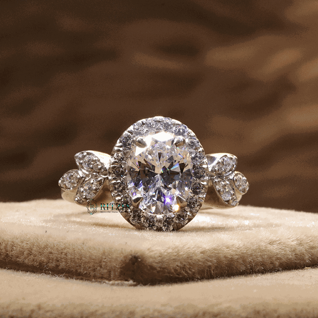 Oval And Round Cut Diamond Halo With Accent Style Engagement Ring For Women