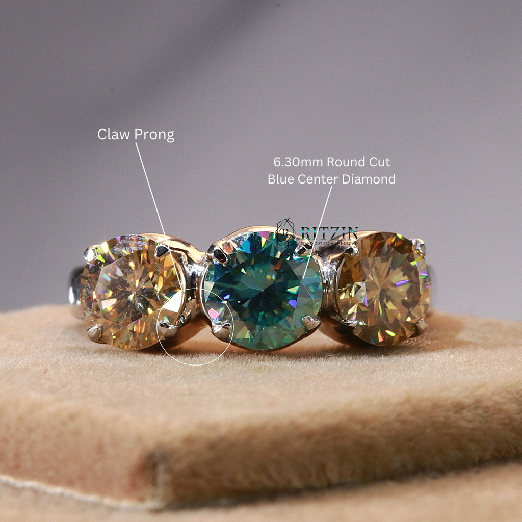 Blue Round Cut Diamond Claw Prong 3 Stone Style Engagement Ring For Women 