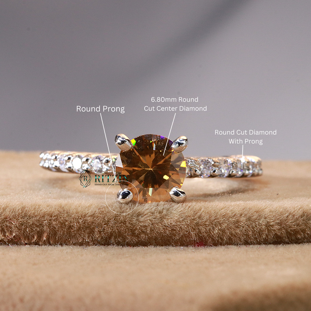 Brown Round Cut Diamond Solitaire With Accent Style Prong Setting Ring For Women  