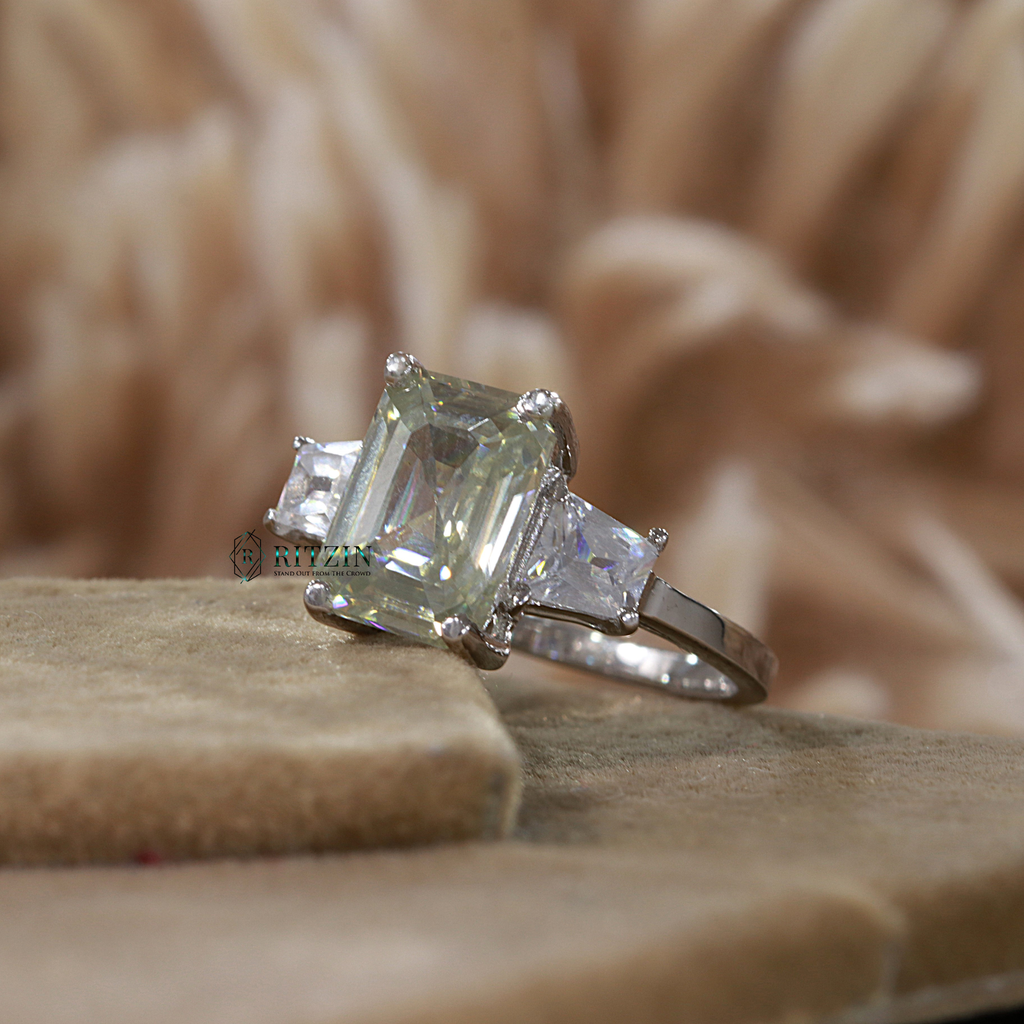 3.50 CT Emerald And Tapered Cut Diamond 3 Stone Style Prong Set Wedding Ring 