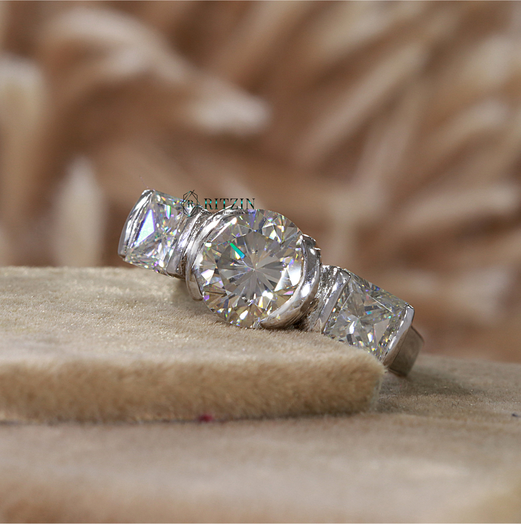 2.50 CT Round And Princess Cut Diamond 3 Stone Style Half Bezel Set Wedding Ring   