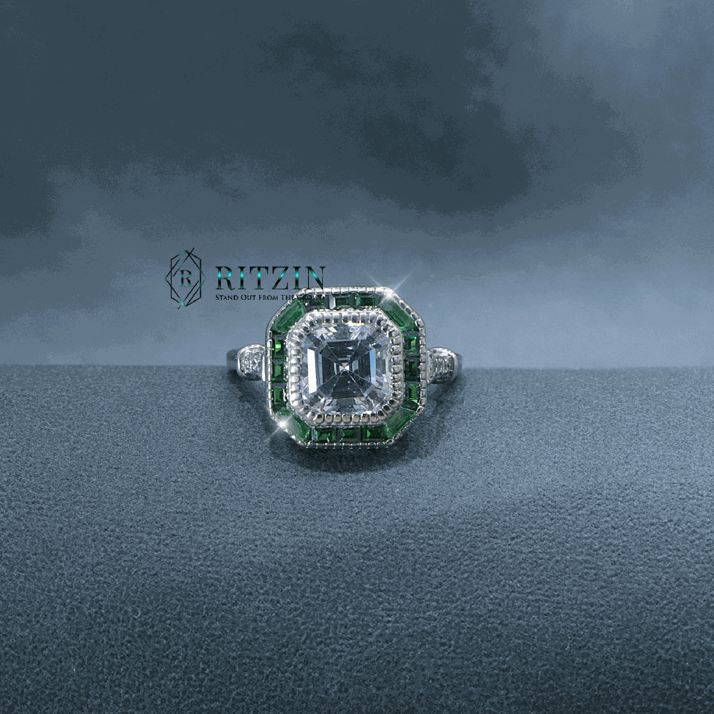 2 CT Asscher And Green Baguette Cut Diamond Halo Style Bezel Set Engagement Ring