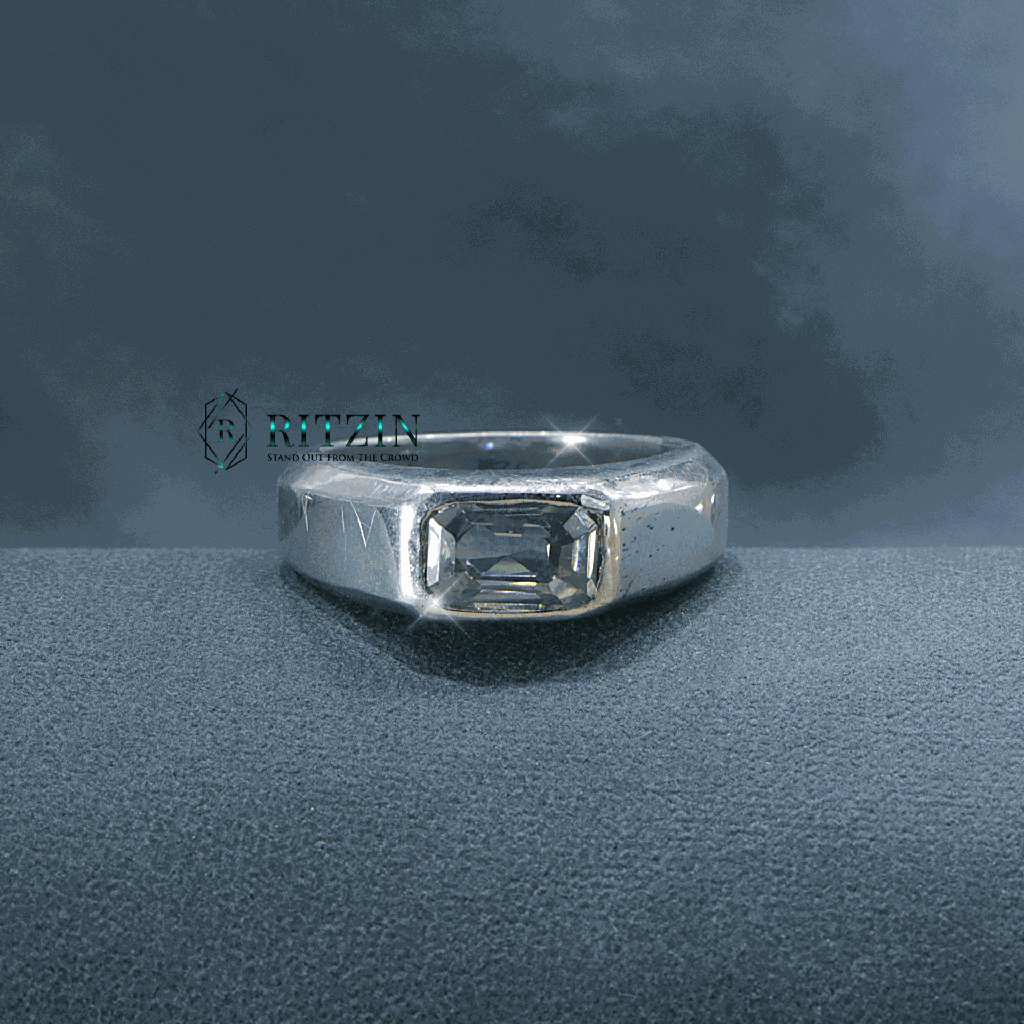 9 x 7 MM Off - White Emerald Cut Moissanite Diamond Solitaire Style Bezel Setting Men ' S Ring