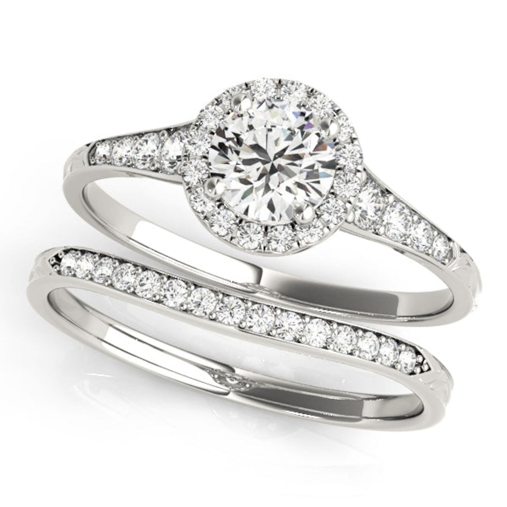 Round Cut Diamond Halo With Accents Engagement Ring Bridal Set for Her