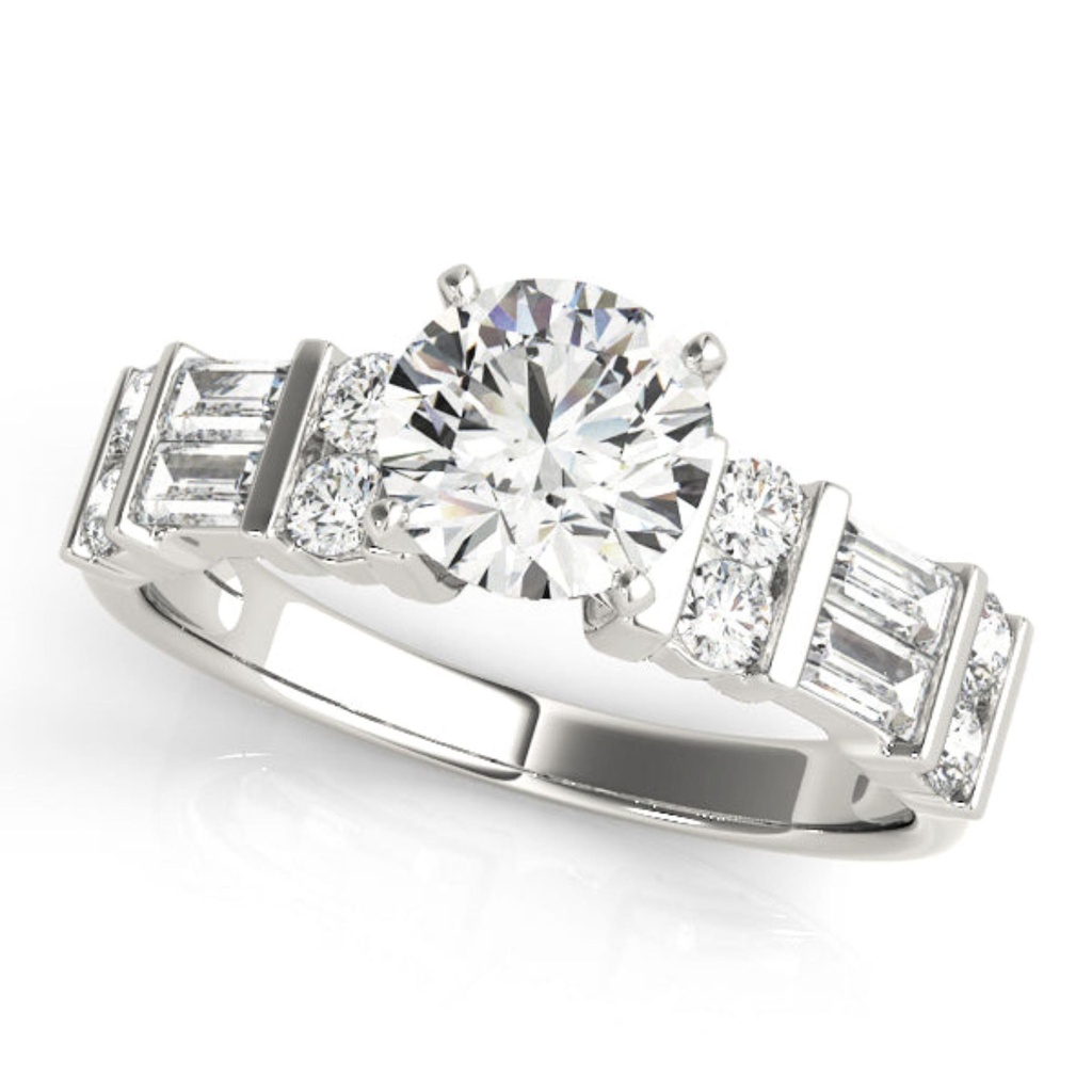 Round And Baguette Cut Diamond Solitaire With Accent Engagement Ring For Women