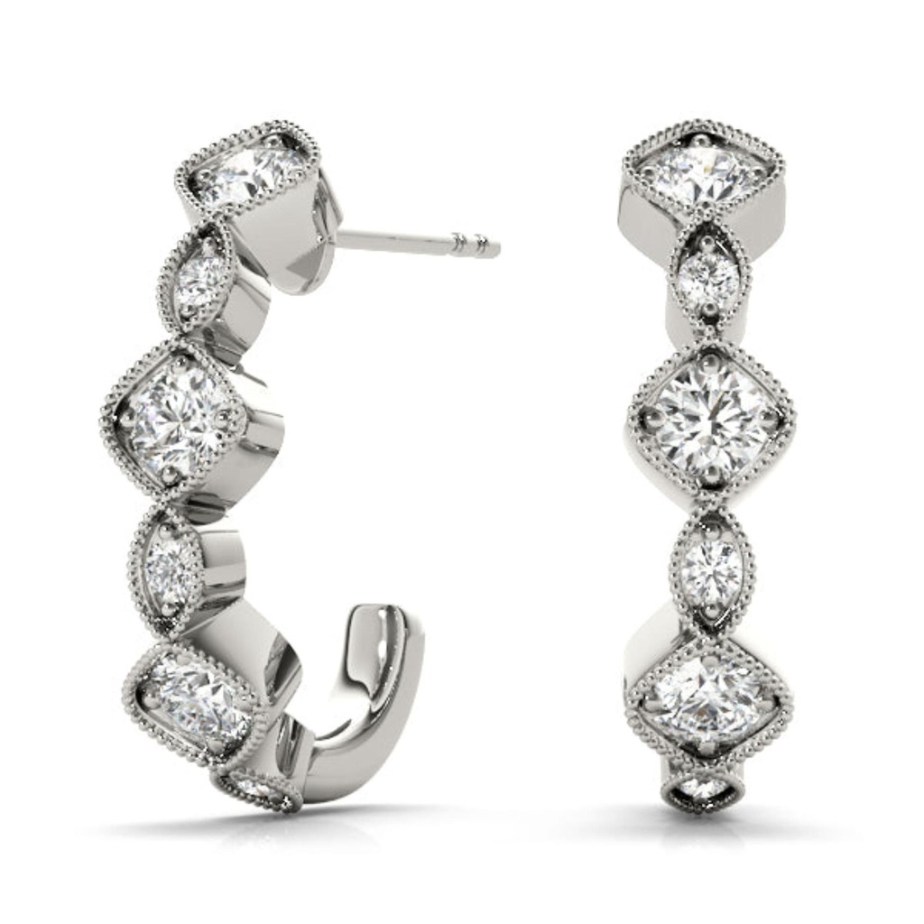 Round Cut Diamond With Bezel Set J-Hoop Earring For Women