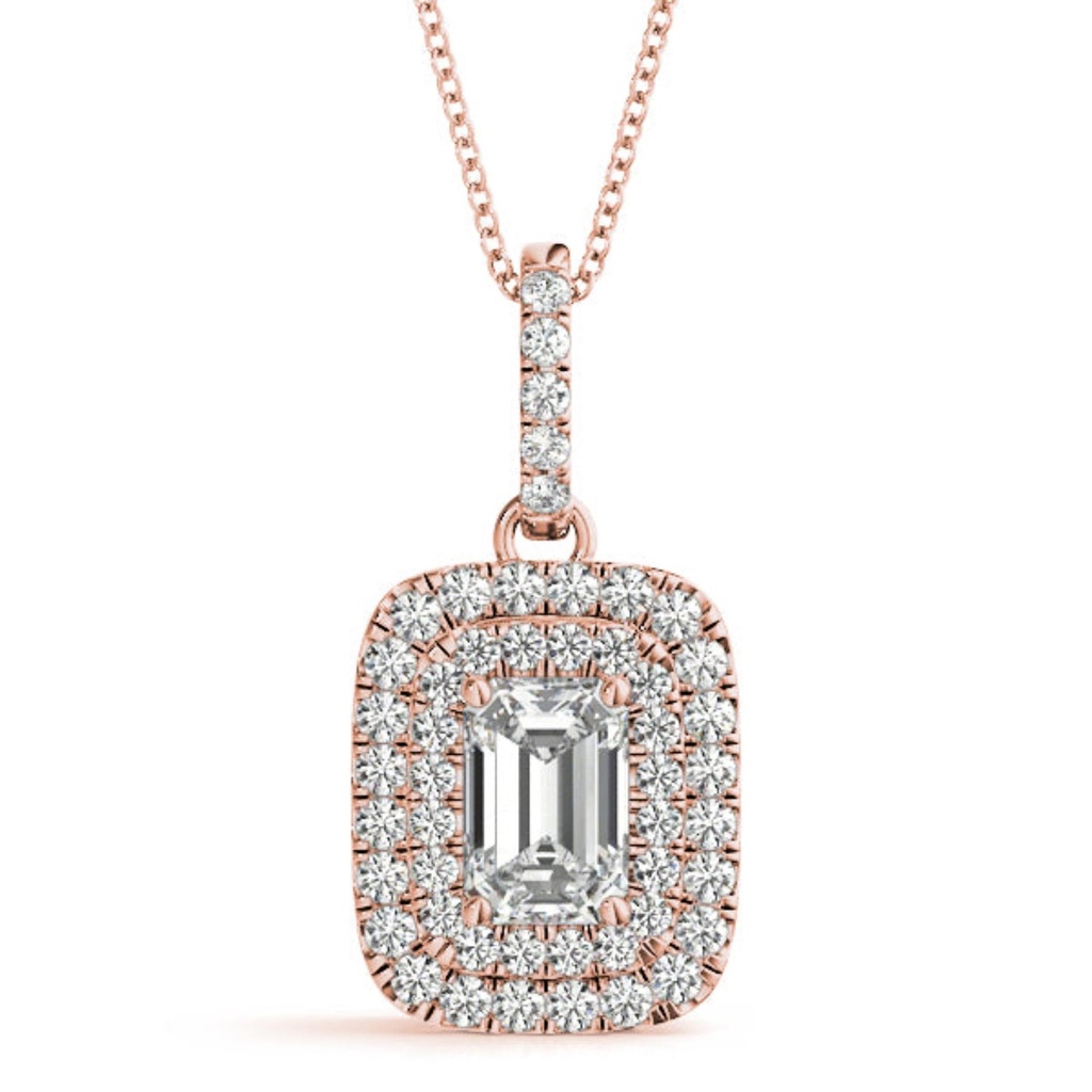 Emerald And Round Cut Diamond Double Halo Pendant Necklace For Women