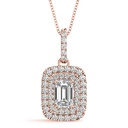 Emerald And Round Cut Diamond Double Halo Pendant Necklace For Women