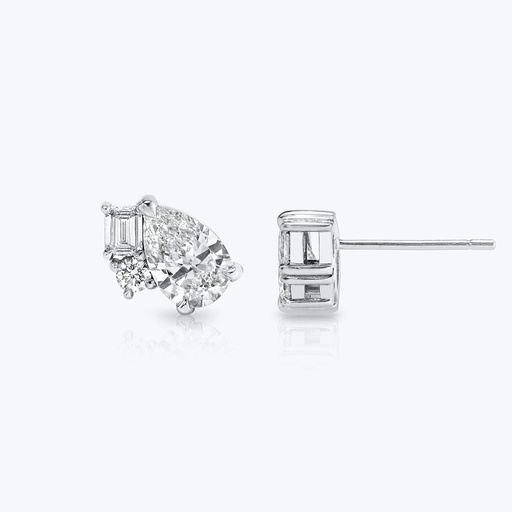 Pear And Round And Emerald Cut Diamond Unique Stud Earrings For Women