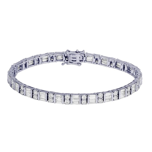 Round & Baguette Diamond Tennis Hip Hop Bracelet, Sterling Silver Plated Gold Diamond Bracelet For Birthday Gift