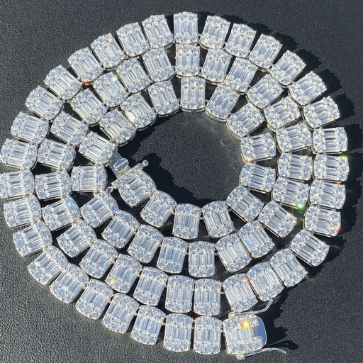 Baguette & Round VVS Diamond Iced Out Diamond Tennis Chain, Sterling Silver 14K Gold Plated Hip Hop Cluster Tennis Chain Necklace