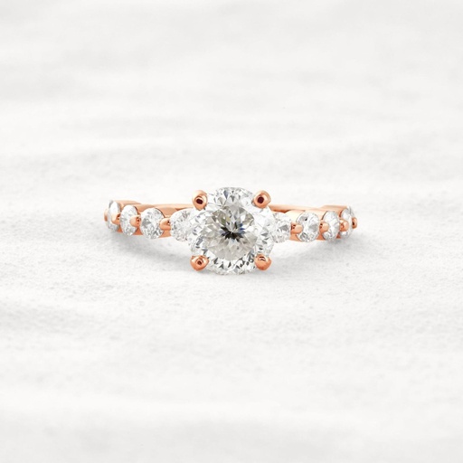 Solitaire With Accents White Round Portuguese Cut  In 925 Sterling Silver Ring For Engagement