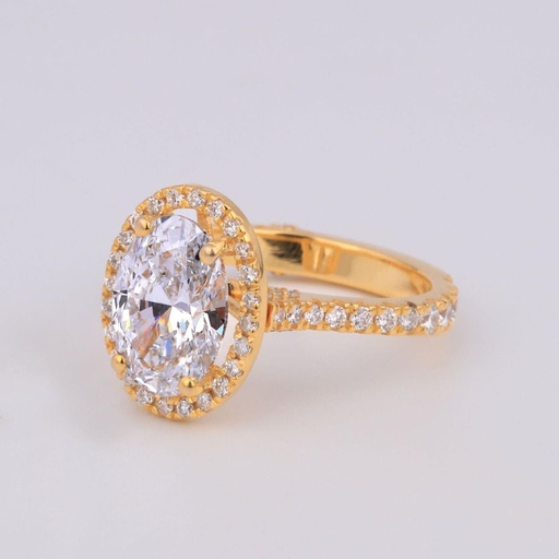 Halo set oval cut lab grown diamond solitaire ring in 14 kt yellow gold vvs clarity diamonds