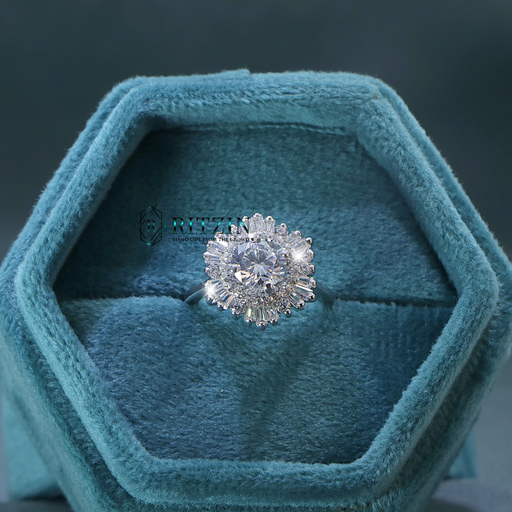 Round And Tapered Baguette Cut Diamond Floral Style Heavy Engagement Ring For Women 