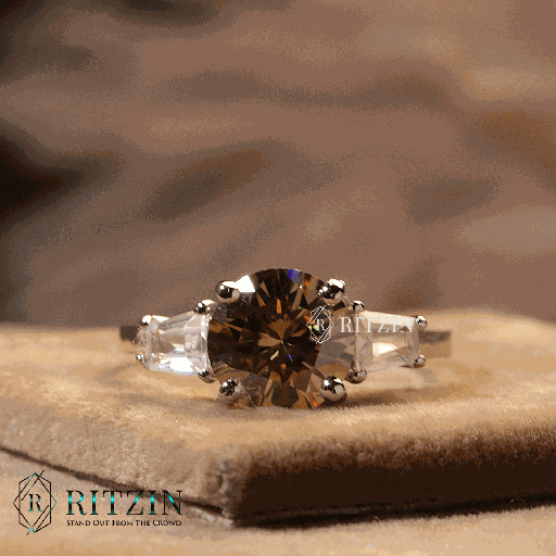 Brown Round And Tapered Baguette Cut Diamond 3 Stone Engagement Ring For Women