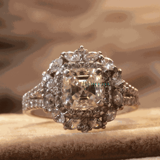 Off White Asscher Cut Diamond Art Deco Style Engagement Ring For Women 