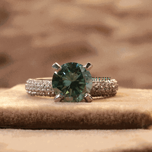 Blue Round Cut Diamond 3 Row Solitaire Accents Engagement Ring For Women 
