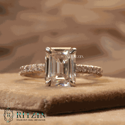 Emerald And Round Cut Diamond Solitaire With Accent Engagement Ring For Women