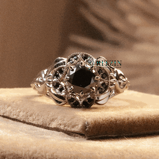 black Round Cut Diamond Art Deco Style Engagement Ring For Women
