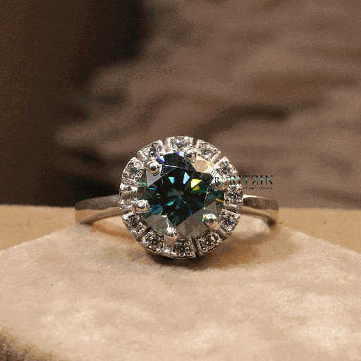 Blue Round Cut Diamond Halo Style Engagement Ring For Women