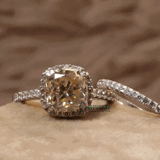 Brown Cushion Cut Diamond Halo With Accent Heavy Ring  Bridal set Wedding Band For Women 