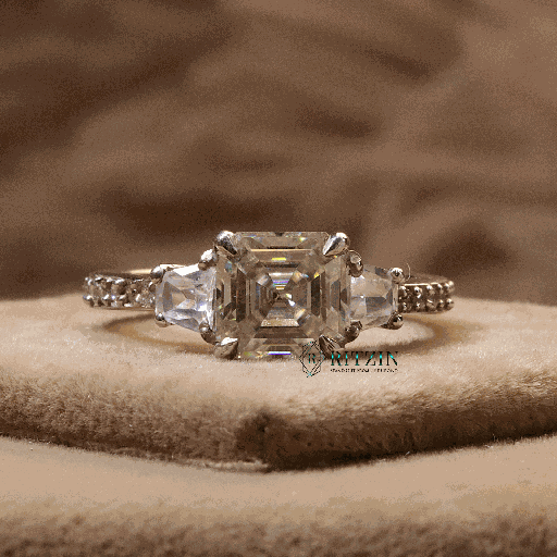  Off White Asscher Cut Diamond Solitaire With Accent Engagement Ring For Women 