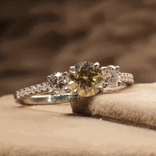 Yellow Round Cut Diamond Solitaire With Accents Engagement Ring For Women 