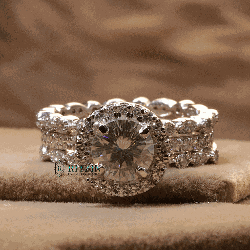 Off White Round Cut Diamond Halo With Trio Set Engagement Ring For Women 
