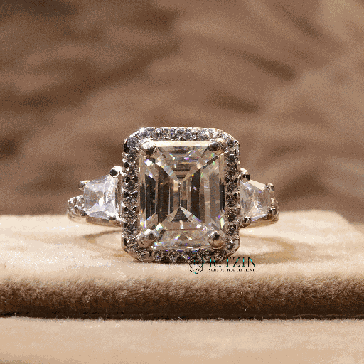 Emerald And Trapezoid Halo With Accent Engagement Ring For Women 