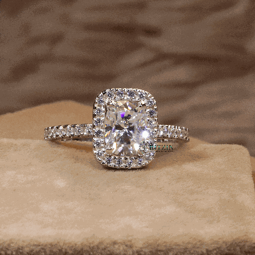 Elongated Cushion And Round Cut Hidden Halo Style Engagement Ring For Women 