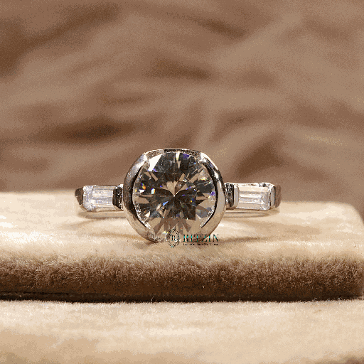 Round And Baguette Cut 3 Stone Style Engagement Ring For Women 