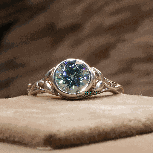 Blue Round Cut Diamond Solitaire Style Engagement Ring For Women