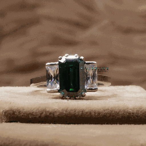 Green Emerald Cut Diamond 3 Stone Style Engagement Ring For Women 