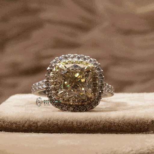 Yellow Cushion Cut Diamond Double Halo Style Engagement Ring For Women