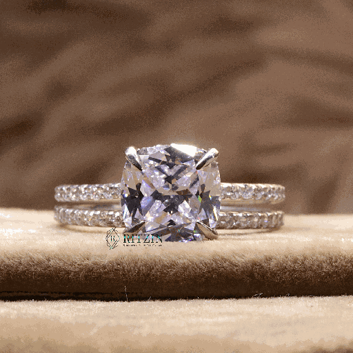 Cushion And Round Cut Hidden Halo With Accent Bridal Set Engagement Ring For Women