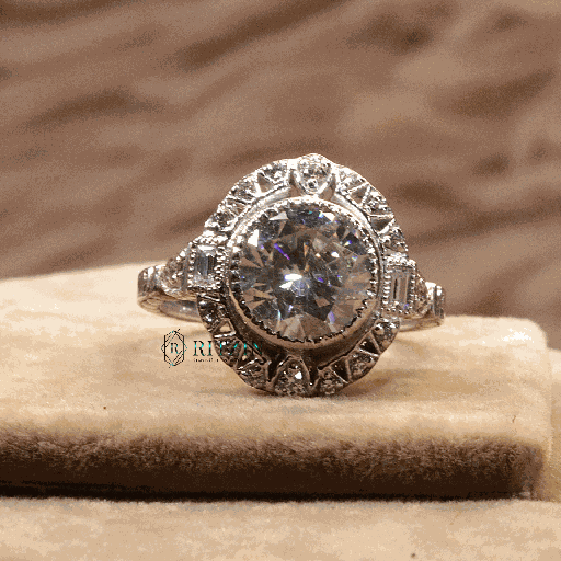 Round And Baguette Cut Diamond Art Deco Style Engagement Ring For Women 